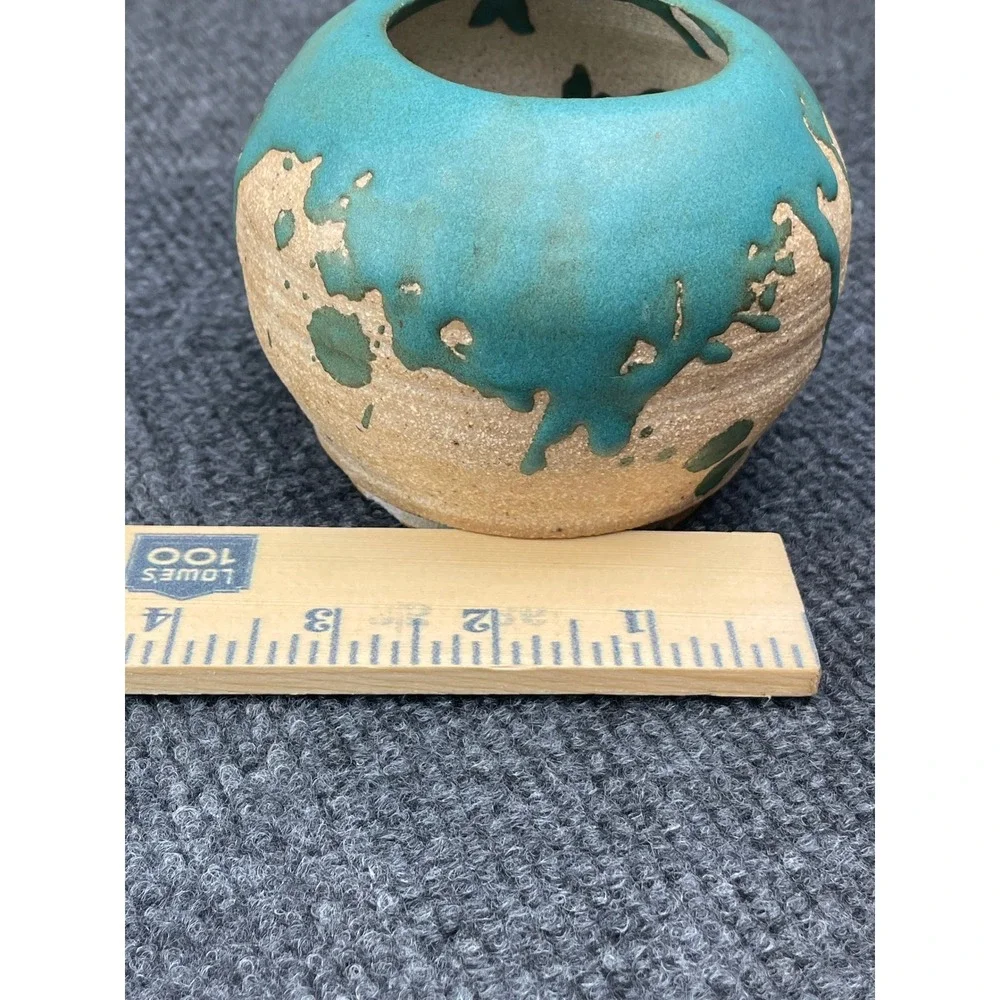 WEX H. Studio Pottery Bud Vase Teal Drip Glaze Tan Stoneware Signed Artisan 4